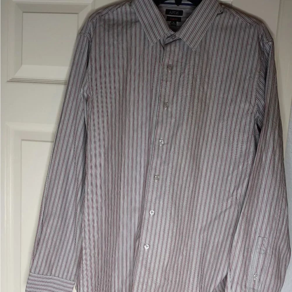 NWT Apt.9 L Slim Fit Gray Red Strips Longsleeves Button Up Men's Dress Shirt